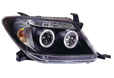 Toyota Hilux, Vigo (04-) фары передние линзовые черные, со светодиодной подсветкой и светящимися ободками, комплект 2 шт.